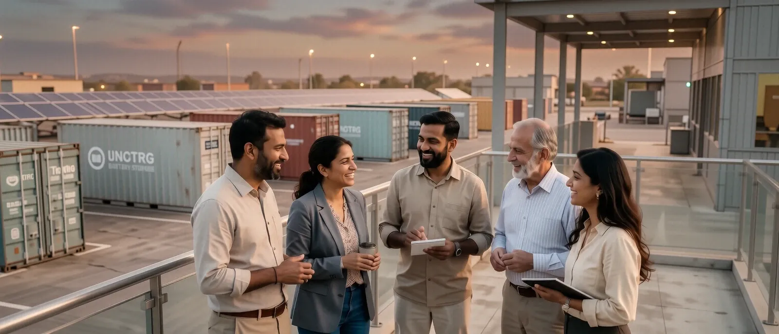 Full-bleed group banner — clean-energy infrastructure meeting a connected, intelligent horizon